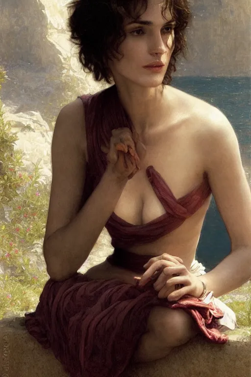 Image similar to winona ryder at leisure, kiera knightly at leisure, traditional corsican, intricate, highly detailed, artstation, illustration, jurgens, rutkowski, bouguereau