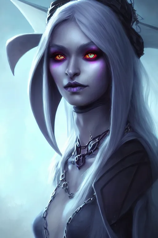 Image similar to realistic character concept portrait art of a female drow necromancer, scythe, pretty face, long dark hair, by stanley artgerm lau, wlop, rossdraws, james jean, andrei riabovitchev, marc simonetti, and sakimichan, tranding on artstation