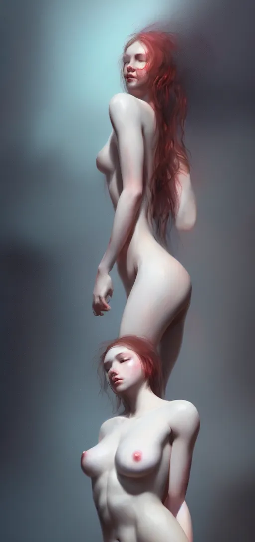 Prompt: young beautiful girl posing with no clothes in the dark studio, hard lightning flood on the female body, digital illustration by ruan jia on artstation