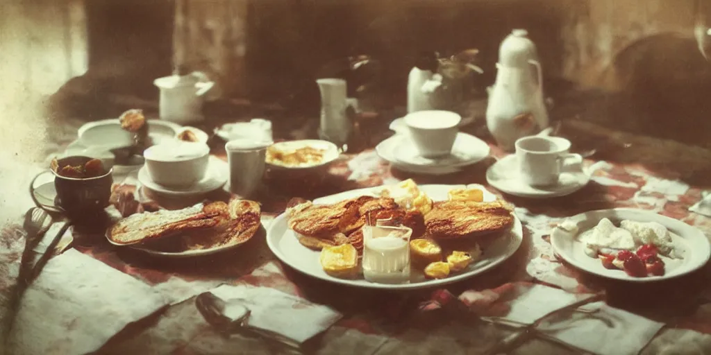 Prompt: a table with a delicious breakfast, morning light, old photo, polaroid