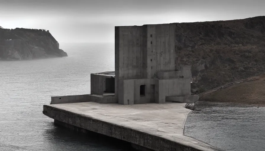 Image similar to military brutalist base perched on a cliff overlooking a magnificient bay, drawing architecture, fog horizon, pritzker architecture prize, greig fraser