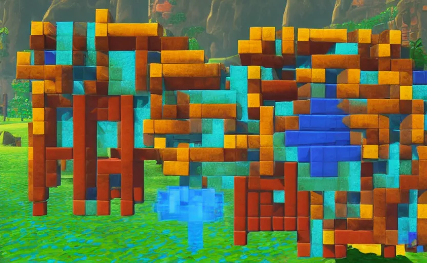 Prompt: Tetris blocks in breath of the wild