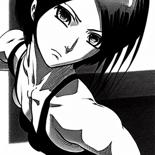 Image similar to alita by yukito kishiro. medium shot. black and white manga. pencil drawing. high detailed face