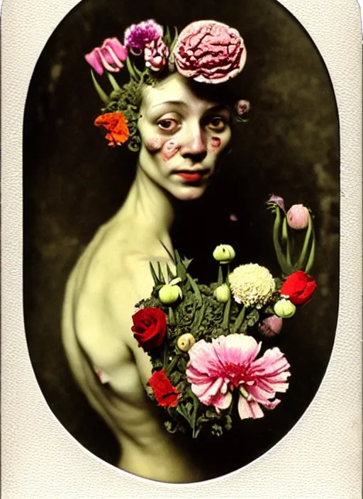 Image similar to beautiful and detailed rotten woman made of plants and many types of stylized flowers like carnation, chrysanthemum, roses and tulips, intricate, surreal, vladimir volegov, john constable, guy denning, gustave courbet, caravaggio, romero ressendi, 1 9 1 0 polaroid photo