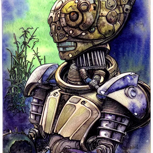 Image similar to a realistic and atmospheric watercolour fantasy character concept art portrait of a mechanized android turtle as a druidic warrior wizard looking at the camera with an intelligent gaze, very muted colors, by rebecca guay, michael kaluta, charles vess and jean moebius giraud