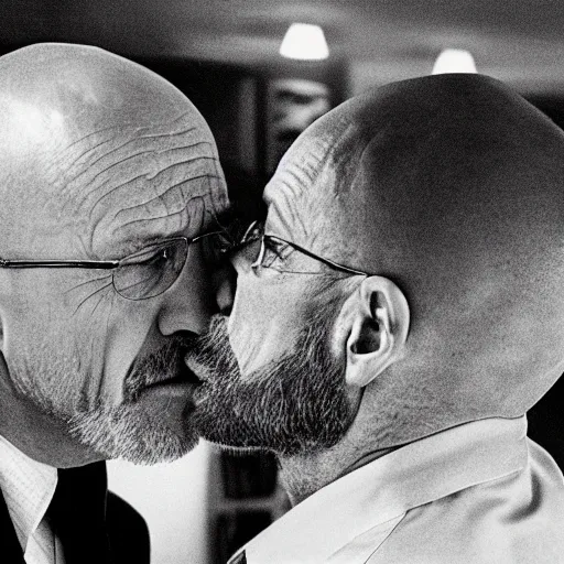 Prompt: mike ehrmantraut kissing walter white, face close up