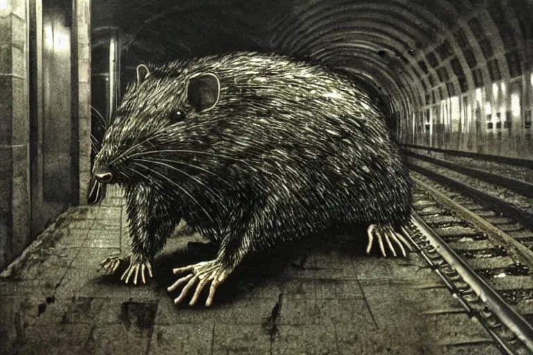 Prompt: very large giant mutant zombie irradiated angry rat sraying on railways in tonnel of moscow subway. extreme high detail, very realistic. low dark light, scary mood. giger and hermann nitsch