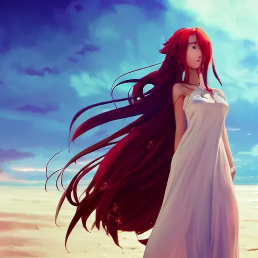 Image similar to octane render panoramic shot of a beautiful anime girl in a long white dress on a beach. Red hair, dramatic lighting, trending on artstation. Pixiv, Hyperdetailed, Ultra HD, WLOP, Rossdraws, James Jean Marc Simonetti, Ruan Jia and Mandy Jurgens and Artgerm and William-Adolphe Bouguerea, Sakimichan, Yuru camp, Illustration, digital art, concept art, manga cover