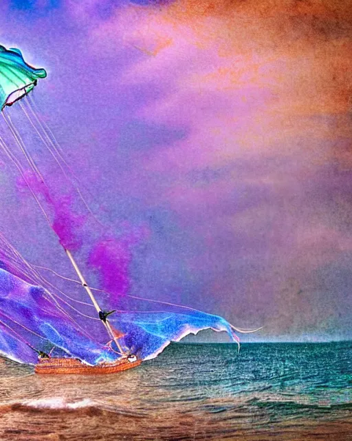 Prompt: a portuguese man - of - war sailing across a dust storm vibrant colors, high production value, intricate details, high resolution, hdr, high definition, masterpiece, realistic, ultrarealistic, highly detailed, hd, sharp focus, non blurry, sharp, smooth