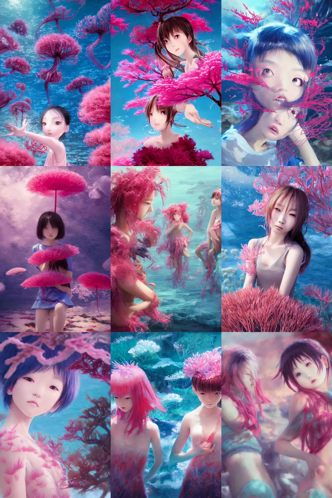 Prompt: 3d infrared octane render concept art by D. Jun, by Mo Xiang Tong Xiu, by Igarashi Daisuke, cute beauty complex portrait anime sad friends schoolgirls under dark pink and blue sea. seaweed, jellyfish, palms. beautiful and cutest sad face. dramatic deep light, trending on artstation, oil painting brush