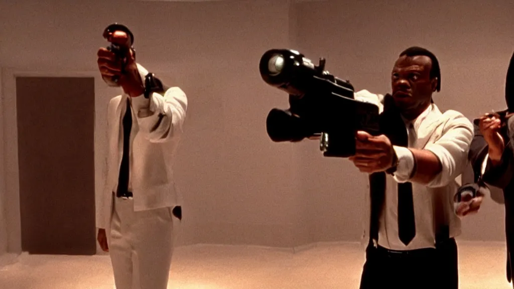 Image similar to movie still of pulp fiction but with robots, movie still, cinematic composition, cinematic light, by edgar wright and david lynch