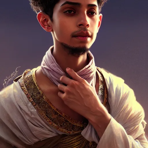 Prompt: illustration of a yemeni boy, d & d, fantasy, intricate, elegant, highly detailed, digital painting, artstation, concept art, smooth, sharp focus, illustration, art by artgerm and greg rutkowski and alphonse mucha