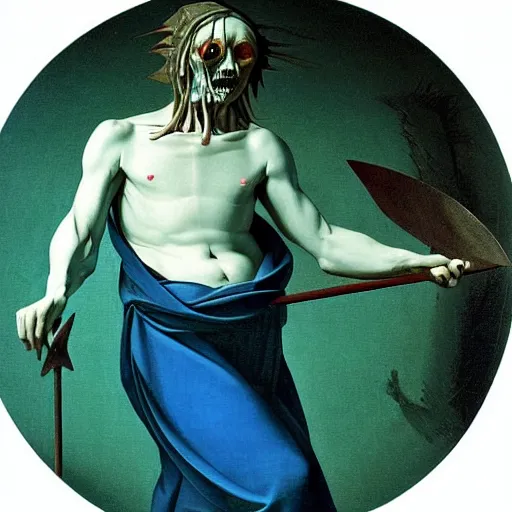 Prompt: low poly painting by caravaggio of a drowned zombie holding a trident with glowing cyan eyes, wearing ragged clothing, holding a trident, underwater, pastel green and blue color palette, low poly