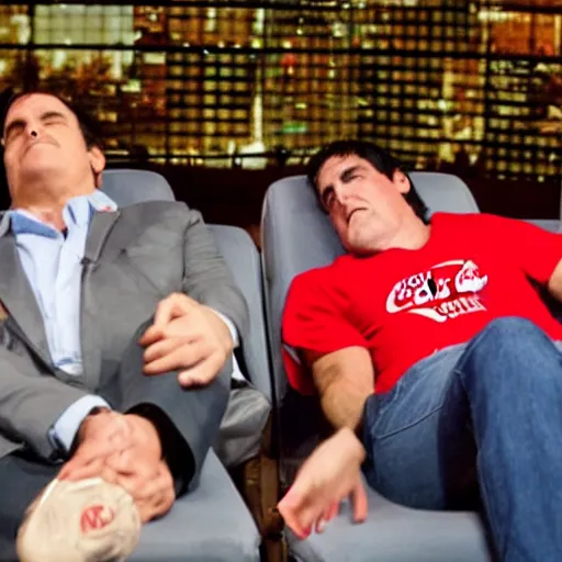 Prompt: Coca Cola character fall asleep in front of Kevin O'Leary and Mark Cuban, in Shark Tank (2016)