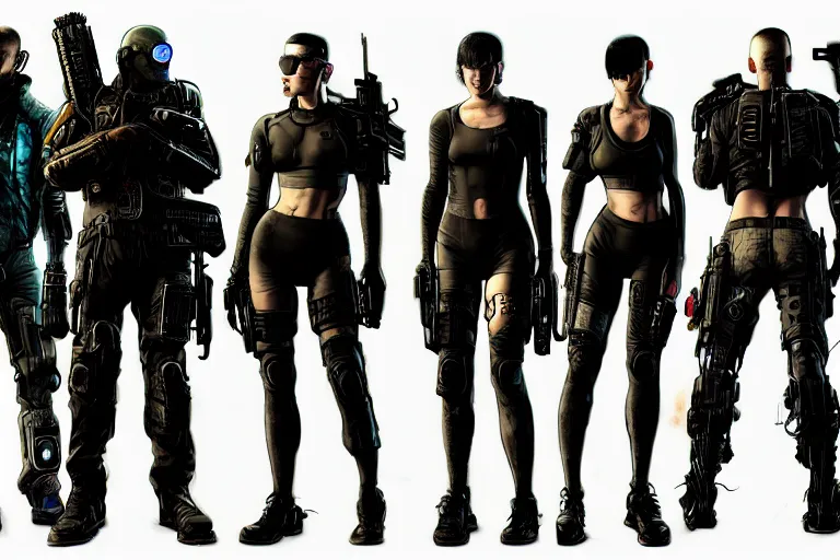 Image similar to cyberpunk blackops squad. portrait by stonehouse and mœbius and will eisner and gil elvgren and pixar. character design. realistic proportions. dystopian. cyberpunk 2 0 7 7 character art, blade runner 2 0 4 9 concept art. cel shading. attractive face. thick lines. the team. diverse characters artstationhq..