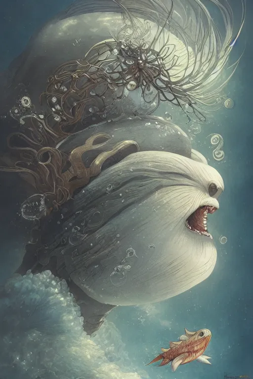 Image similar to a portrait of a japanese sea animal illustrated by miyazaki by karol bak, james jean, tom bagshaw, rococo, sharp focus, trending on artstation, cinematic lighting, hyper realism, octane render, 8 k, hyper detailed, vivid, ultra detailed, highly detailed