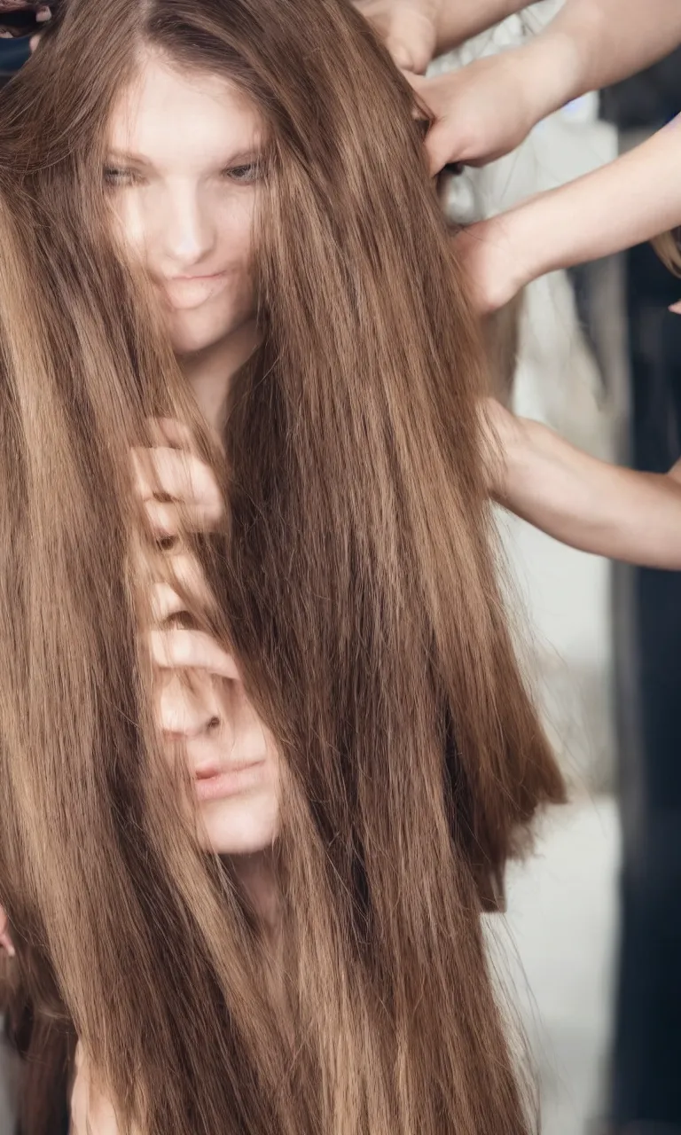 Prompt: woman with long hair getting haircut, studio, hair blog