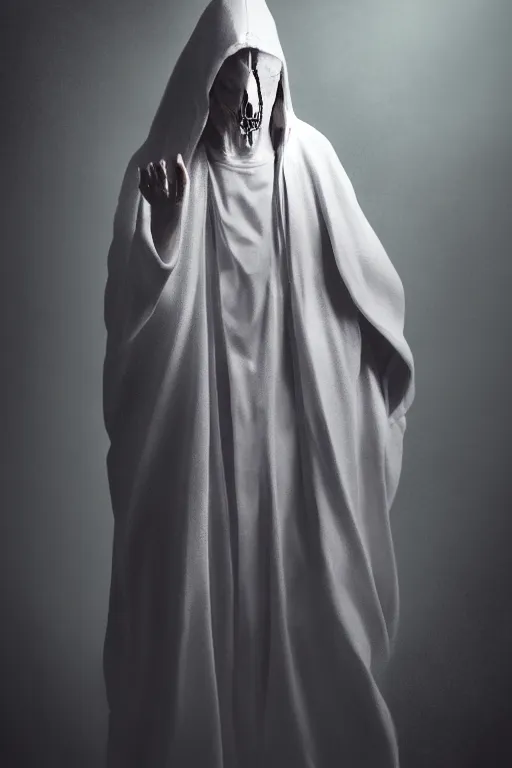 Prompt: Death wearing a hooded white robe, Nuttavut Baiphowongse, Mark Armstron, horror, amad, artstation rendered by octane, 8k, ultra 8k, hyper realistic, photorealistic, photo, cinematic lighting, ambient lighting from top