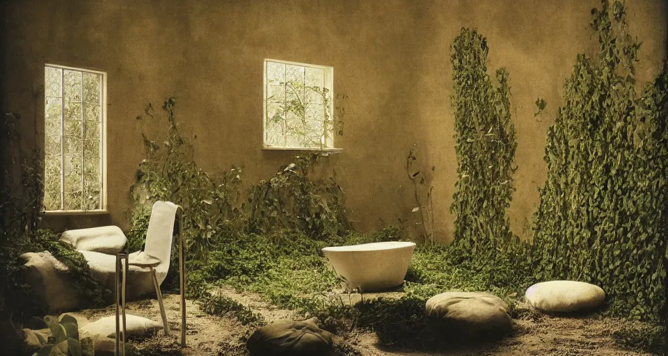 Image similar to IKEA catalogue photo, high end farm house style bathroom, sand piled in corners, dust, organic, vines, overgrown, tropical, by Beksiński