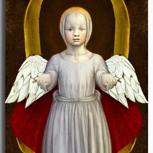 Image similar to realistic medieval painting portrait of white angel with clean narrow face like noface and miracle light coming up from the head, 3 / 4, grace and blessing, sfumato effect by leonardo da vinci, renaissance, christianity, only white colors, emty background