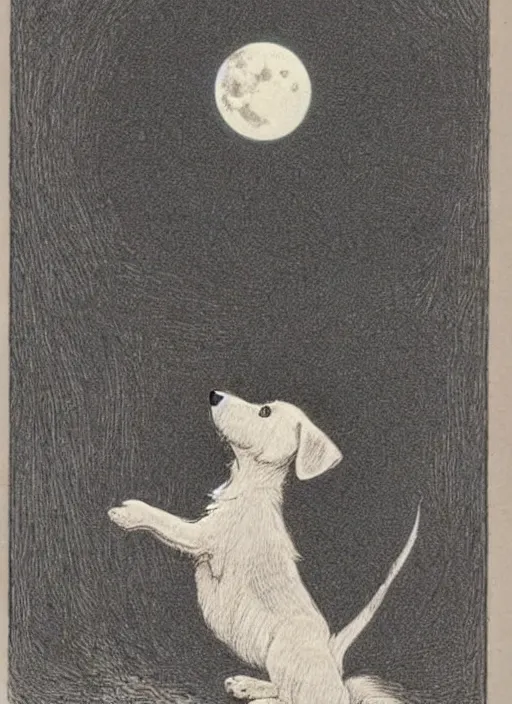 Image similar to jack russel dog howling at the moon, illustrated by peggy fortnum and beatrix potter and sir john tenniel