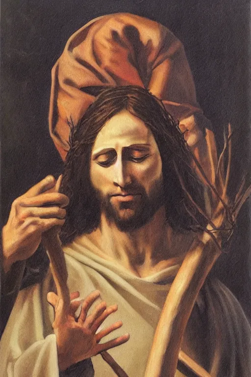 Image similar to painting of blindfolded jesus christ holding a cornucopia