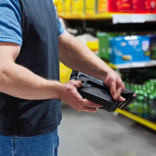 Prompt: the loader goes to the store on his hands in a cap