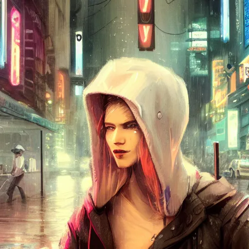 Prompt: white anthropomorphic female vulpes vulpes fulva, smoking a cigarette in the rain, in crowded and wet street of a city, cyberpunk, harsh neon lights, highly detailed, digital painting, trending on artstation, concept art, sharp focus, illustration, art by artgerm and greg rutkowski and magali villeneuve