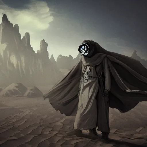 Image similar to a man wearing a long cloak and gasmask, in the desert, album cover, illustrated by Arik Roper, high detail, trending on artstation