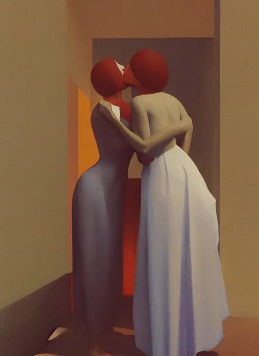 Prompt: two women kissing in a paper bag over the head translucent dress made of plastic bags Edward Hopper and James Gilleard, Zdzislaw Beksinski, highly detailed