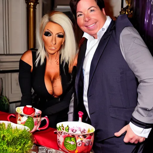 Image similar to jodie marsh aiming a gun at Michael mcintyre & pepper pig tea at the ritz