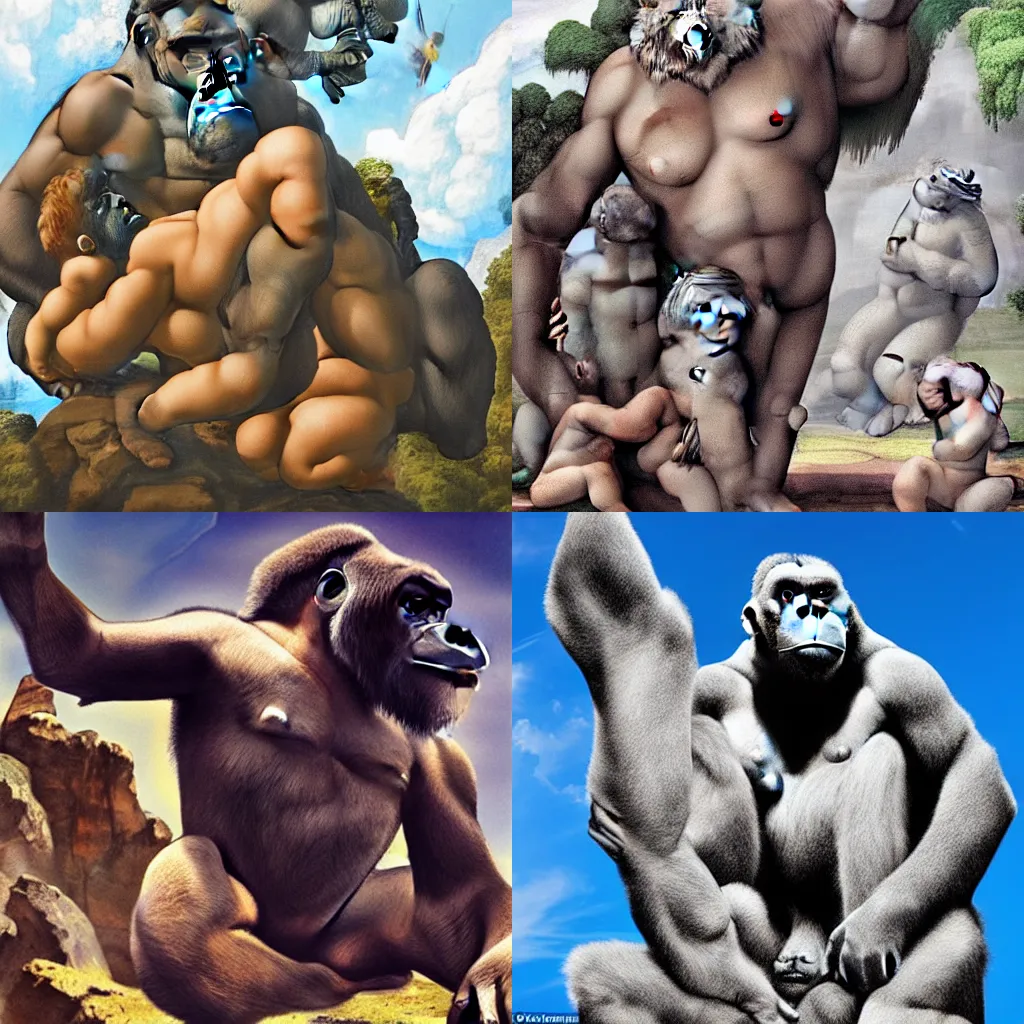 Prompt: Harambe looks down from heaven, in the style of the Creation of Adam by Michelangelo