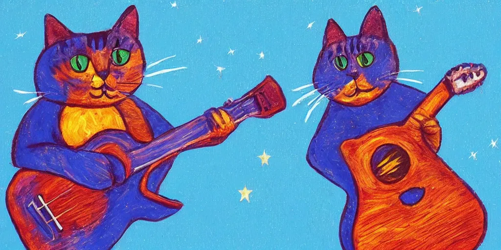Image similar to a cat with the body of a guitar, a big star, a blue sky