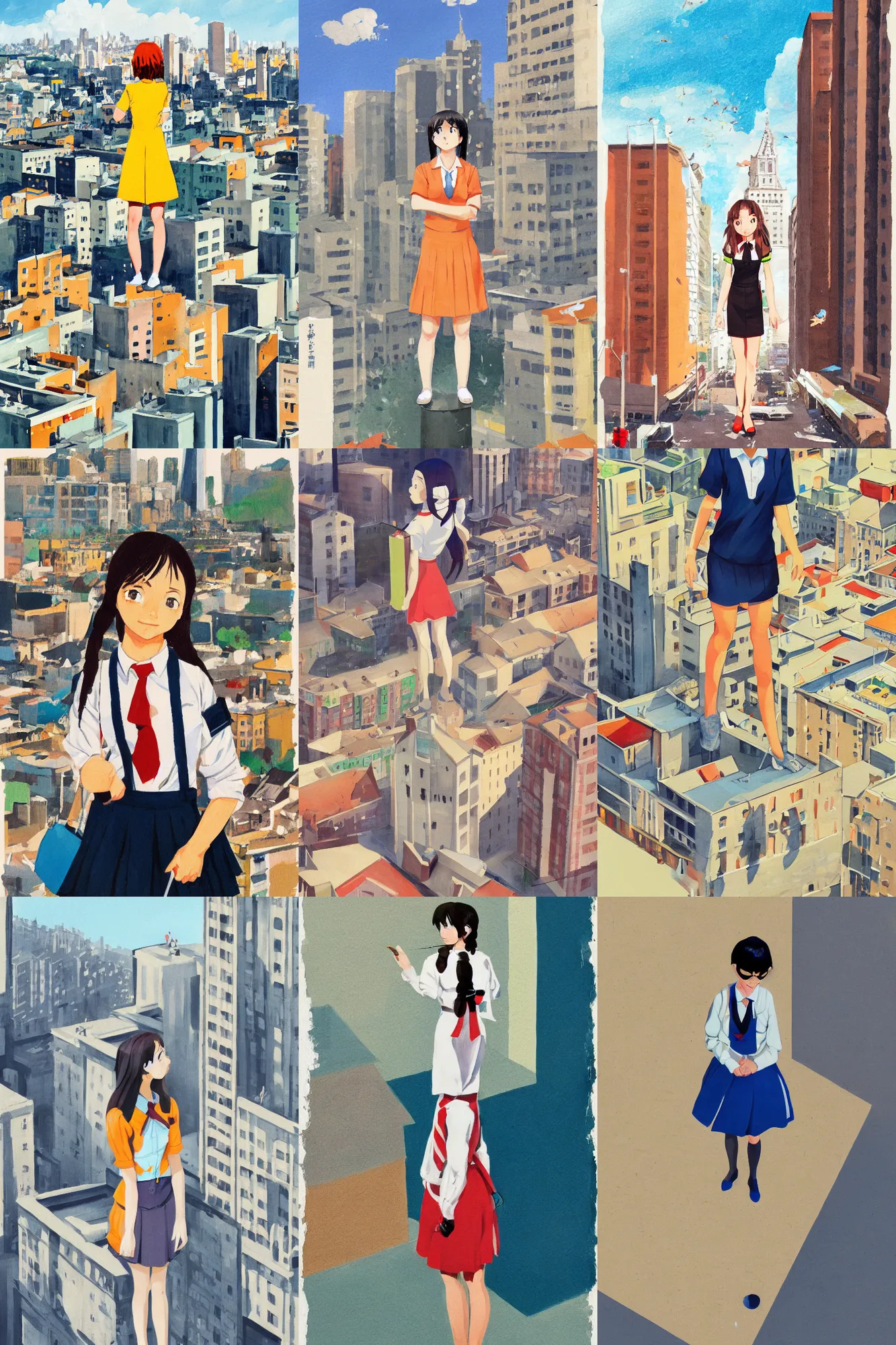 Prompt: a cute giantess wearing school uniform standing in the city which seem small, bird's eye view, gouache, strong brush stroke, sharp focus, illustration, morandi color scheme, art station, by shinkai makoto