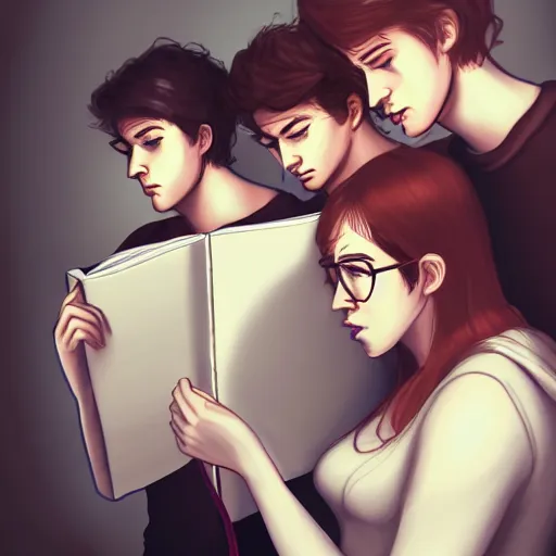 Prompt: realistic portrait of a terrified female author covering her face with a notebook while three male and one female characters look intensely, aesthetic!, trending on artstation, detailed digital art,