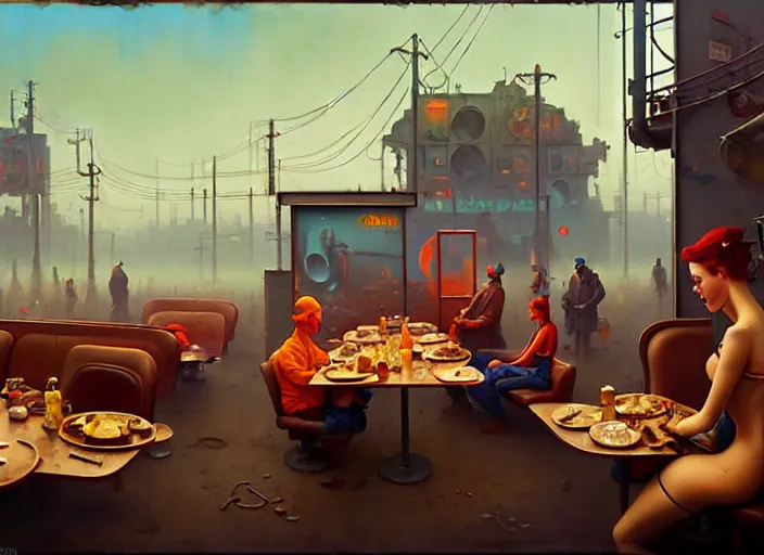 Prompt: waiting in line for crude oil by simon stalenhag and gil elvgren and tom bagshaw and marc simonetti and jan miense molenaer and arthur adams, surrealism, slums, diner scene, highly detailed, hyperrealism, smog, gas masks, blended palette