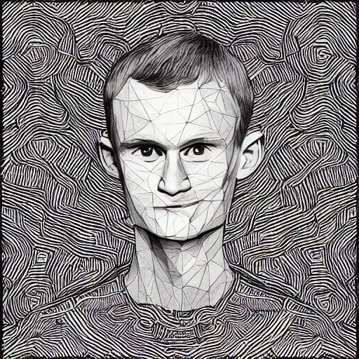 Image similar to Geometrically surreal Vitalik Buterin, extremely high detail, photorealistic, intricate line drawings, dotart, album art in the style of James Jean