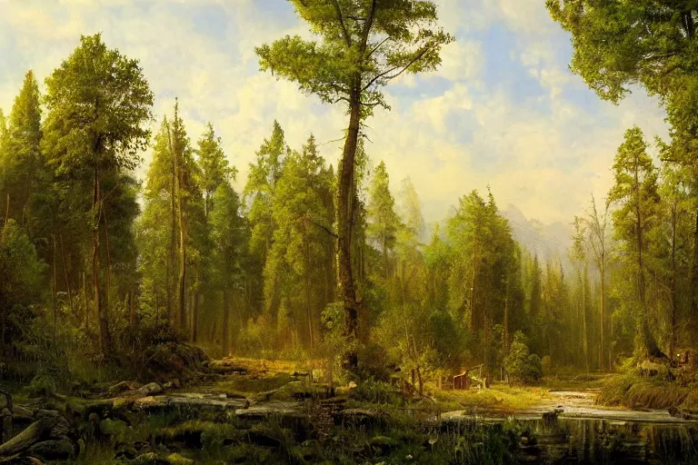 Image similar to A beautiful painting of russian village in dark forest by ivan shishkin and arkhip kuindji, trending on artstation,matte painting