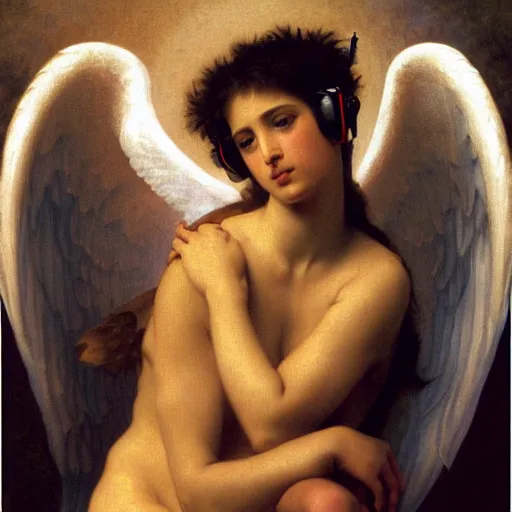 Image similar to an oil painting of an angel with headphones listening to vaporwave, by Bouguereau, highly detailed and intricate,