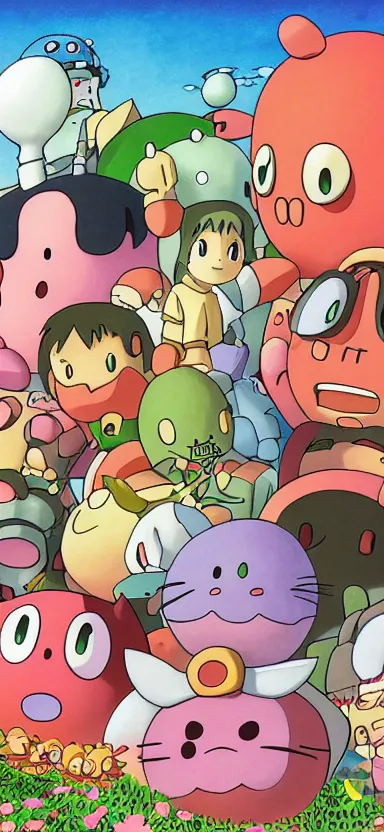 Prompt: detailed digital painting by studio ghibli of kirby and friends