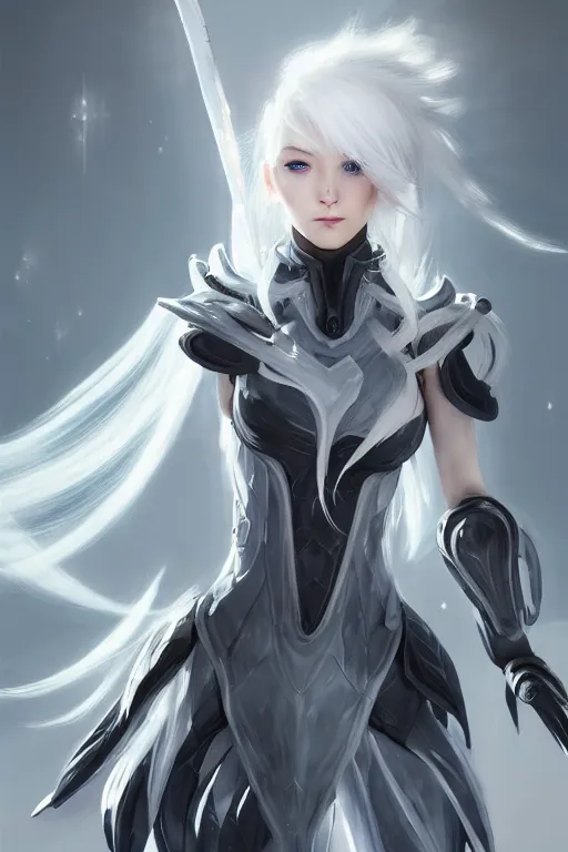 Prompt: perfect white haired girl, warframe armor, beautiful, dreamy, portrait, highly detailed, digital painting, trending on artstation, concept art, sharp focus, illustration, pretty face, blue eyes, sci - fi platform, front lit, laboratory, experiment, masterpiece, art by masayoshi tanaka, akihiko yoshida, kazuya takahashi