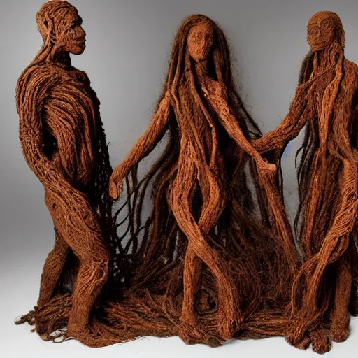 Prompt: dmt bodies. Mesh of human figures intertwined. earthen colors. The medium of this sculpture is human hair. A mess of human hair. Matted hair woven dreadlock sculpture. Tangled splitend hair. barbershop floor. Sculpted by August Rodine.