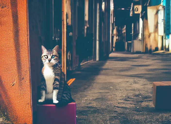 Image similar to photography of a Cat sitting on a box. in a cyberpunk street, award winning photo, saturated, colored, colors, 100mm, sharp, high res