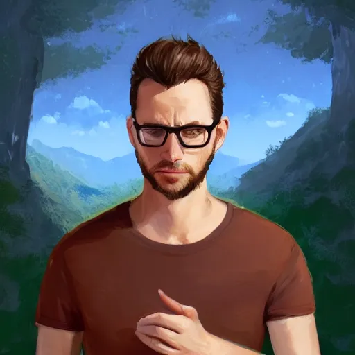 Prompt: European man in his 30s, light brown hair and salt-and-pepper hair with a short beard, thick dark glasses, blue eyes, big nose, wearing a shirt and a jean, digital painting, 4k, rays of light, particles light, artstation, kuvshinov ilya, landscape by Noah Bradley, pixel art