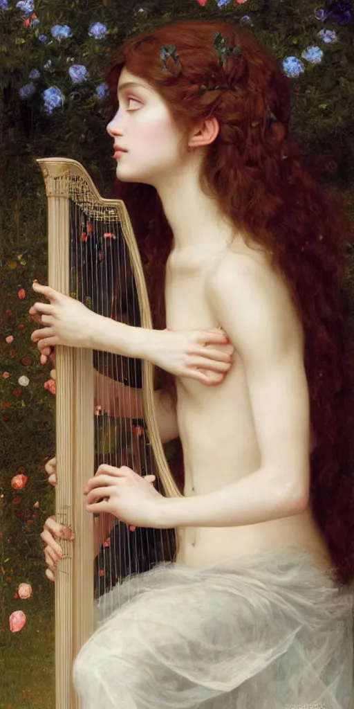 Prompt: masterpiece of a shy delicate elf bard, playing on a harp, followed by a shadow, beautiful face and flawless skin, perfect hands by Edgar Maxence and Ross Tran and Michael Whelan