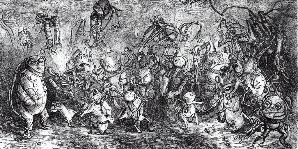 Image similar to alien invasion, illustrated by peggy fortnum and beatrix potter and sir john tenniel