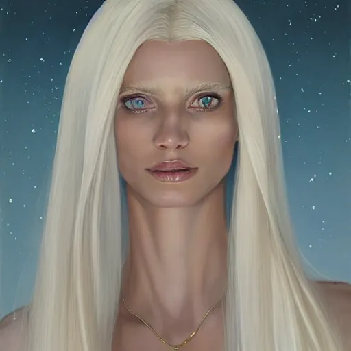 Prompt: Portrait of Abbey Lee as a tall blonde blue-eyed elf woman with pale white hair, wearing stylish white and gold robes, warm and gentle smile, intricate, elegant, highly detailed, digital painting, smooth, sharp focus, bust view, visible face, artstation, graphic novel, art by stanley artgerm and greg rutkowski and peter mohrbacher,