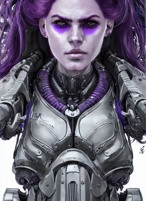 Image similar to close up portrait of a pale woman in sci - fi power armor with purple hair, powerful, domineering, stoic, intense, ultrafine hyperdetailed illustration by kim jung gi, irakli nadar, intricate linework, sharp focus, disco elysium, yoji shinkawa, highly rendered, detailed, concept art