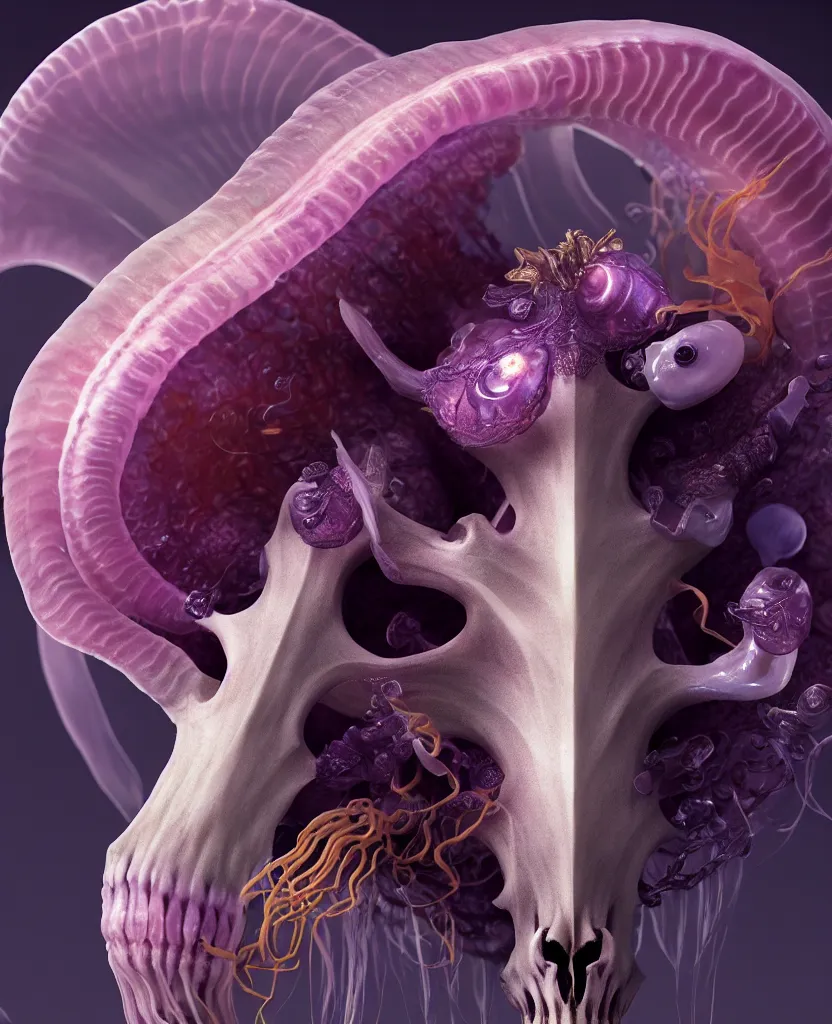 Image similar to goddess close-up portrait goat skull. jellyfish phoenix head, nautilus, orchid, skull, betta fish, bioluminiscent creatures, intricate artwork by Tooth Wu and wlop and beeple. octane render, trending on artstation, greg rutkowski very coherent symmetrical artwork. cinematic, hyper realism, high detail, octane render, 8k