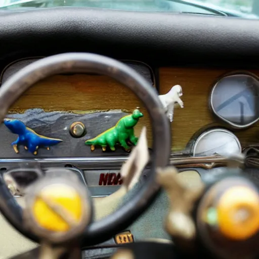 Image similar to 1970s car dashboard with small plastic dinos.